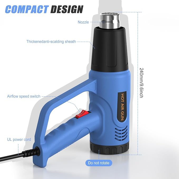 Heat Gun for Crafting,Dual Temperature Control(I: 572℉ & II:1112℉) Heat Gun' for Shrink Tubing, Vinyl And Resin, Fast Heating, Pistola De Calor with 4 Nozzles, Ideal for DIYers and Professional Trades
