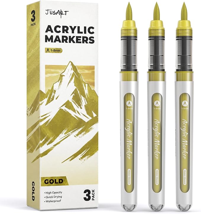 JusArt 3 Gold Acrylic Paint Markers Brush Tip, Automatic Ink Control