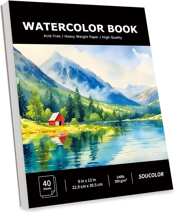 Soucolor Watercolor Paper Pad 9x12 140lb Cold Press 40 Sheets Art Supplies | Professional Wet Techniques Water Color Paper,140lb/300gsm Artist Painting Book texture,Acid-free archival quality