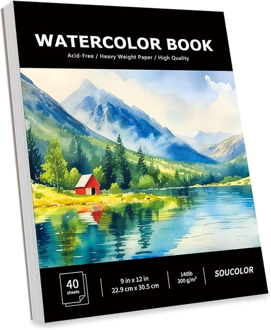 Soucolor Watercolor Paper Pad 9x12 140lb Cold Press 40 Sheets Art Supplies | Professional Wet Techniques Water Color Paper,140lb/300gsm Artist Painting Book texture,Acid-free archival quality