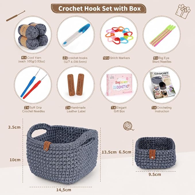 27PCS Crochet Basket Kit for Beginners,Grey Square Basket,Gift Box Package
