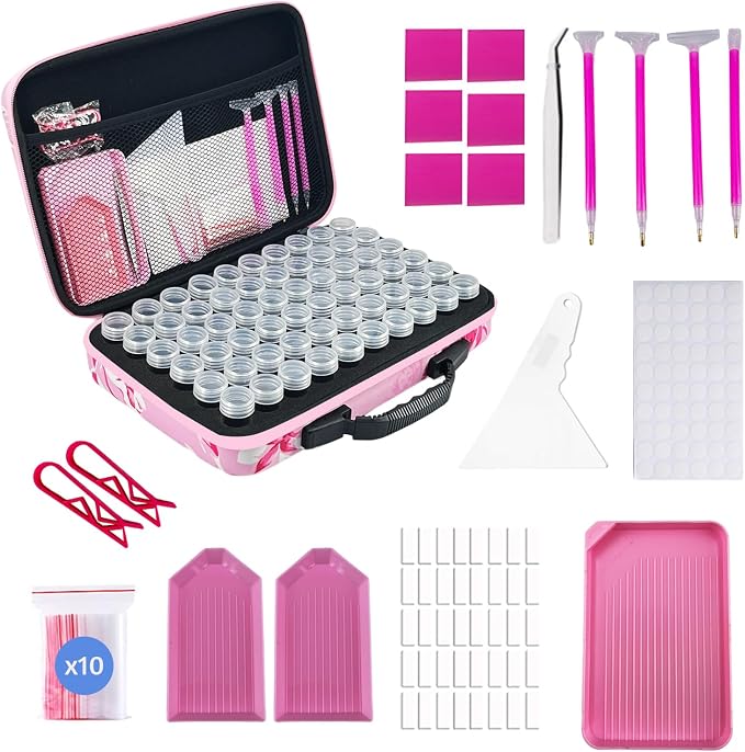 60 Slot Diamond Painting Storage Containers | Pink 60-slot storage box with tools & accessories for diamond art