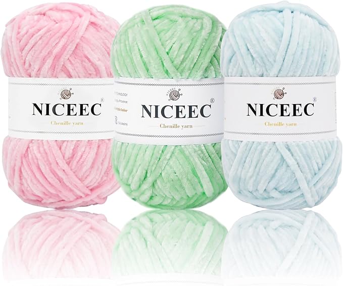 NICEEC 3 Skeins Soft Chenille Yarn 3x85m(3x93yds,3x50g)_Pink-Blue-Green