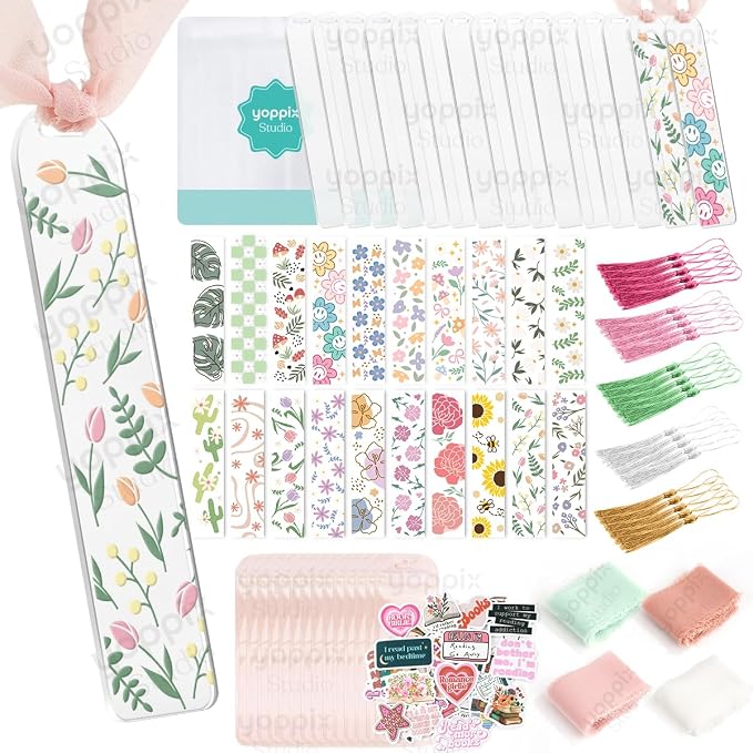 180 Pcs Acrylic Bookmark Blanks- 20 Set Bookmark Making Kit with 20 UV DTF Stickers About Floral Theme 20 Tassels 20 Ribbon 80 Bookish Stickers for DIY Your Crafts Gift for Book Lover