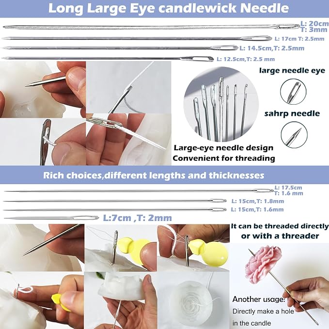 28 PCS Beginners Candle Making Kit for Adults with 200 ft Candlewick,Long Large-Eye Candle Piercing Needle and Wick Cutter 7INCH,Wick Inserting Tool Mold Punch Needle with Hook Eye for Moulds
