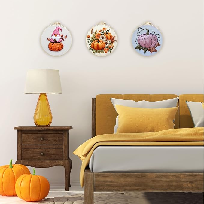 LB Pink Fall Embroidery Kit for Beginners Adults, 3 Sets Hand Embroidery Starter Kit with Gnome Pattern and Instructions Stamped Cross Stitch Kits Include Embroidery Hoop Needles Threads Scissors