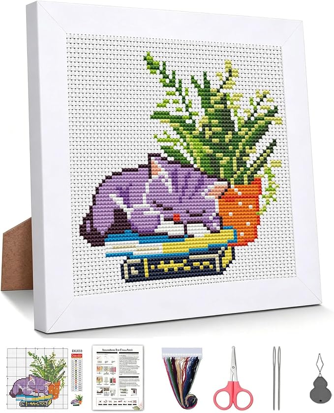 Sleepy Cat Greenery Stamped Cross Stitch Kits for Beginners with Framed | Potted Plant Needlepoint Counted Cross Stitch Kits for Adults with Framed Embroidery Kits Arts and Crafts 6 x 6 inch