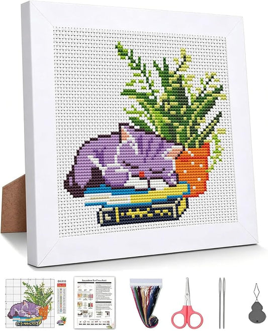 Sleepy Cat Greenery Stamped Cross Stitch Kits for Beginners with Framed | Potted Plant Needlepoint Counted Cross Stitch Kits for Adults with Framed Embroidery Kits Arts and Crafts 6 x 6 inch