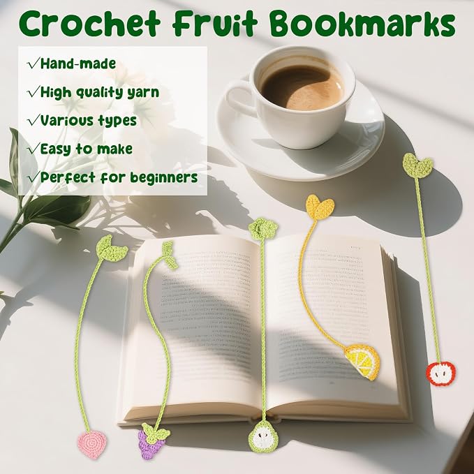 WaldyWop Crochet Kit for Beginners, 5 PCS Fruit Bookmarks Crochet Kits