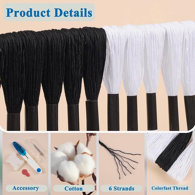 Amrules Friendship Bracelet String, 24 Pcs Embroidery Floss, Black & White | Including 344.5" Cotton Cross Stitch Thread, Hand Embroidery Thread for DIY Sewing and Embroidery Crafts Making with Tools