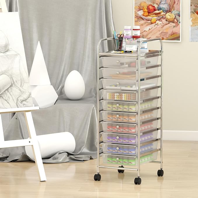Giantex Rolling Storage Cart with 10 Drawers, Utility Cart with Tabletop, Drawer Organizer with Wheels for Craft Art Paper Tool, Mobile Organization & Sorting for Office Home School School Supplies