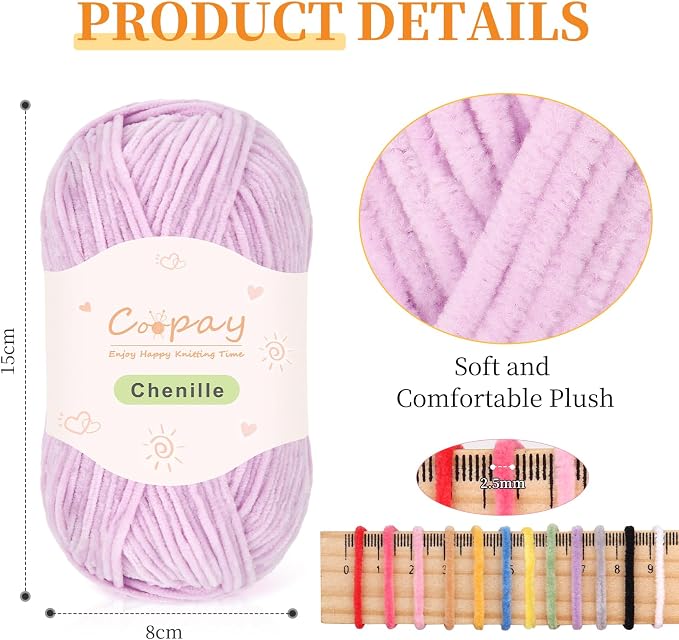 Coopay Skinny Chenille Yarn for Crocheting & Knitting, Purple Gradient | Crochet Yarn Set - 600g Total, Velvet Yarn for Colorful Crafts, Blankets, Plush Dolls, Decorative Handmade Works