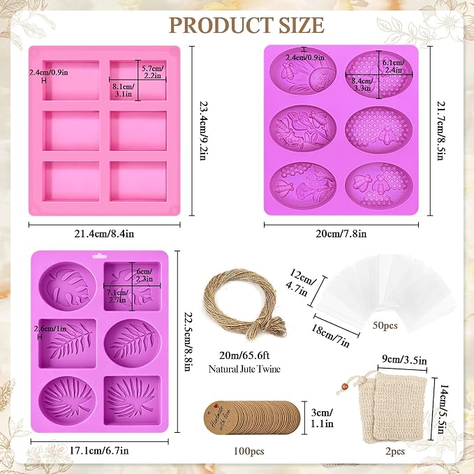 Mold for Handmade Soaps, 3 Pack Soap Molds with 50 Bags, 100 Labels, Twine & 2 Bubble Wrap Sheets, Silicone Soap Making Supplies for DIY Soap, Candle Making, Easy Release