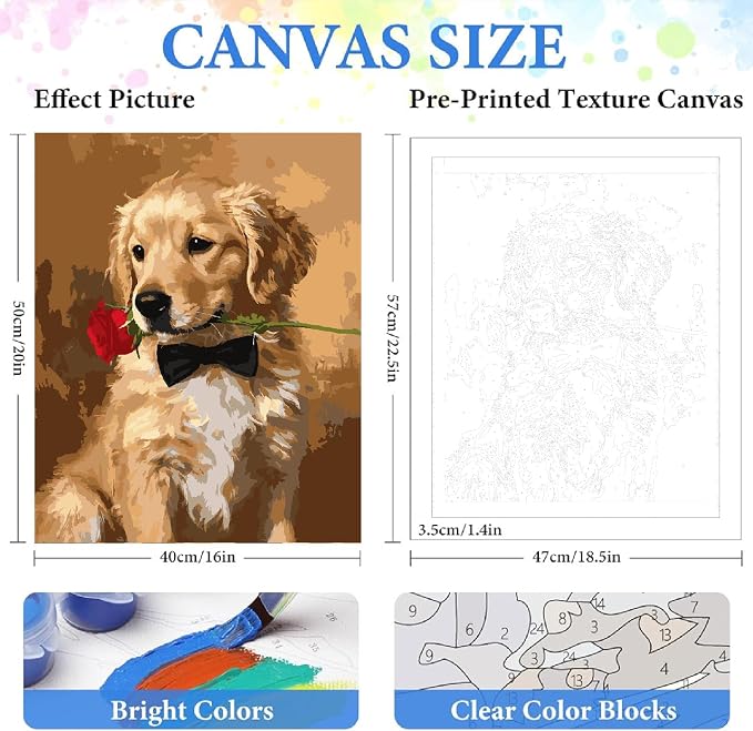 ZRIZQ Paint by Numbers Kit for Adults Beginner Animal,Dogs,16x20 | Full set with wooden brushes,rolled canvas,rich paints.Calming activity.Beginner friendly.Just open and paint.