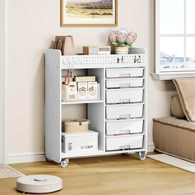 Rolling Craft Cart with 6 Drawers, Pegboard and Locking Wheels White