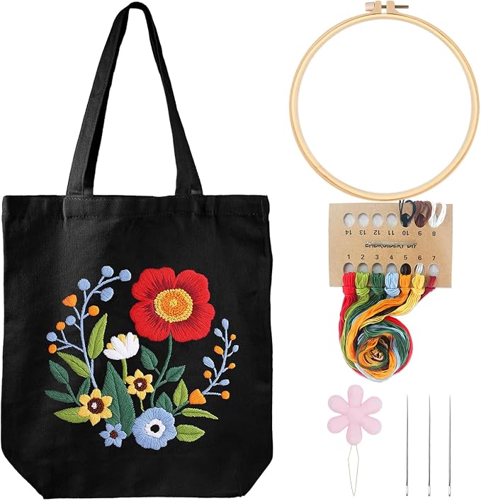Louise Maelys Embroidery Kit Canvas Tote Bag with Floral Pattern DIY Crafts