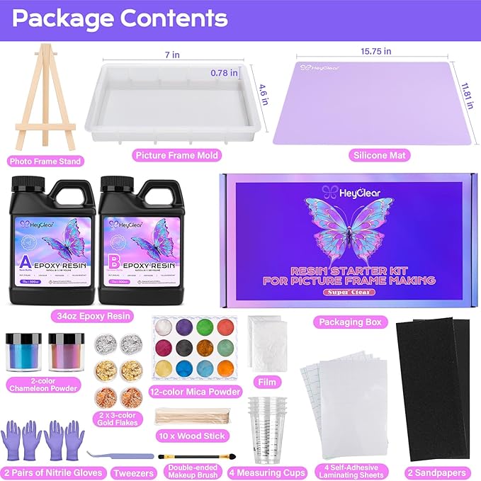 HeyClear 34oz Epoxy Resin Picture Frame Silicone Mold Kit -DIY Photo Gifts | Crystal Clear,Hard Epoxy Resin Supplies, Accessories Silicone Resin Mold Set for Beginners Crafting Art, Flowers, Decorations