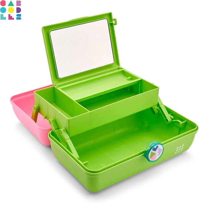 Caboodles On-The-Go Girl Makeup Box, Two-Tone Pink on Neon Green, Hard Plastic Makeup Organizer Box, Built-In Mirror, Secure Latch for Safe Travel, Spacious Storage for Large Items