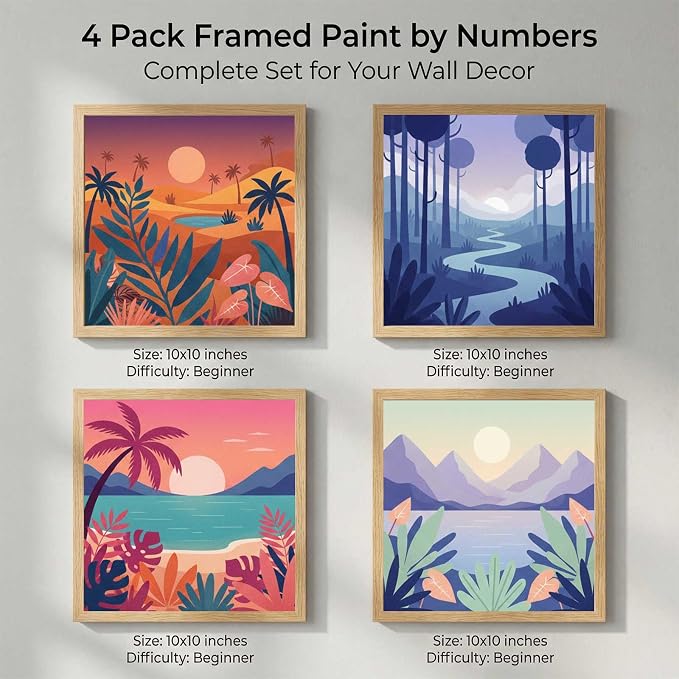 Amphol 4 Pack Framed Paint by Numbers Kit for Adults - Easy Landscape Silhouettes DIY Acrylic Paint by Number on Framed Canvas for Beginners, Relaxing Arts, Great for Home Wall Decor Gift 10"x10"