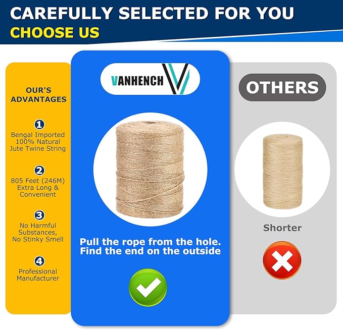 Vanhench 805FT Natural Jute Twine String, Bulk Hemp Jute Rope Cord Twine for Crafts Gardening, Gift Wrapping, Wedding Décor, Packing Material Burlap Ribbon, Christmas Knitting Macrame Decoration