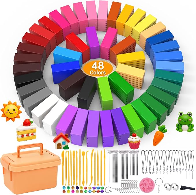 130 Pcs Polymer Clay Kit 48 Colors Oven Bake Clay 40g Large Block,Non-Toxic | Includes 82 Pcs Accessories, Tools & Storage Box for Jewelry Making, Charms, Miniatures, Crafts & DIY Projects