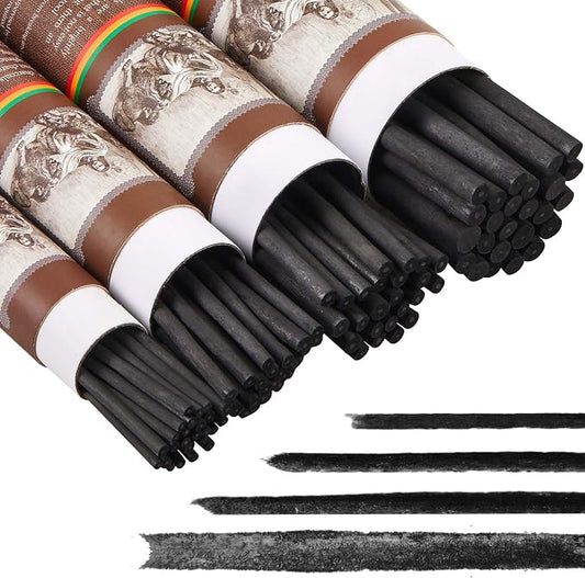 Gueevin 100 Pcs Soft Willow Charcoal Sticks Drawing,2-4mm,4-5mm,5-7mm,7-9mm | For Artists Beginners Students, Vine Charcoal Bulk for Sketching Shading Fine Art, Assorted Sizes, Back to School Gifts