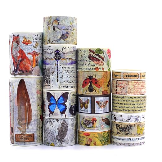 18 Rolls Vintage Washi Tape Set,Floral Letter forest Butterfly Mushroom Botanical Flower Writable Decorative Tapes for Scrapbooking , Junk Journal supplies,Bullet Journal Supplies, DIY Crafts Art