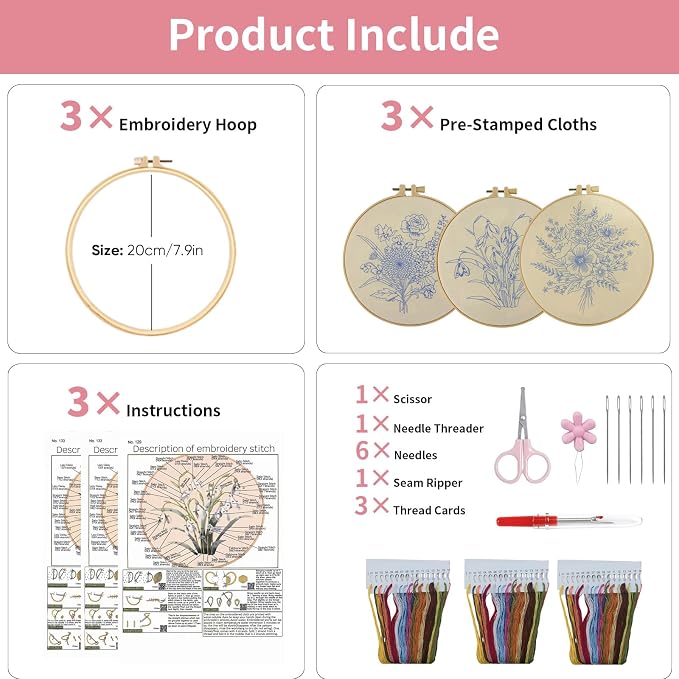 3 Packs Embroidery Kit for Adults, Embroidery for Beginners (Floral)