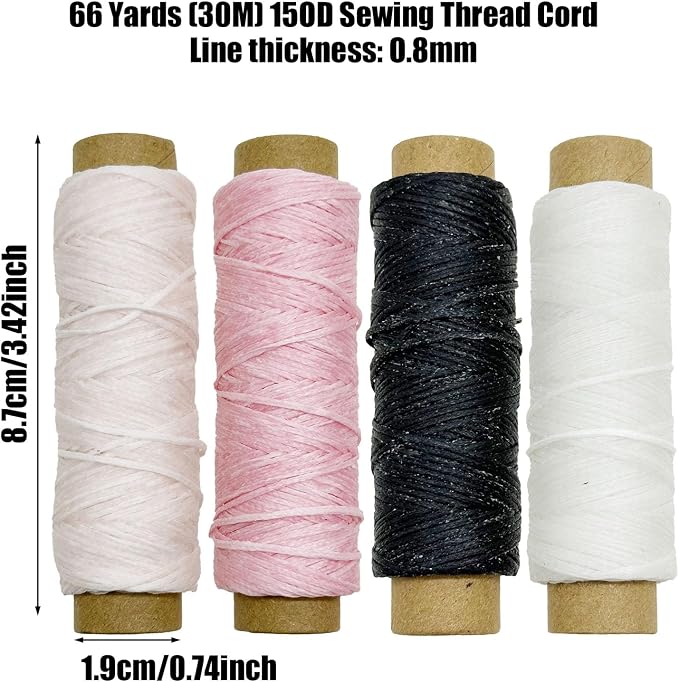 4 PCS Leather Sewing Waxed Thread, Each of 33 Yards 150D Sewing Thread Cord for Leather Craft DIY Supplies, Shoes Repairing, Black, White, Light Pink and Pink