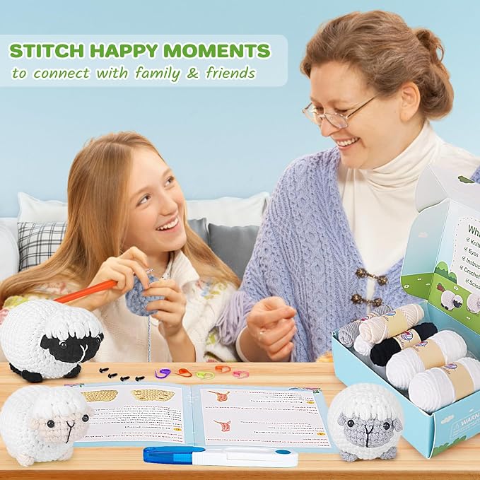 Crochet Kit for Beginners, Crochet Starter Kit with Step-by-Step Video Tutorials, Amigurumi Crochet DIY Knitting Supplies for Teenagers Adults, 3-Pack Little Lambs (40%+ Yarn)
