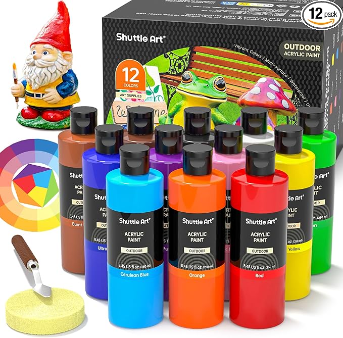 Shuttle Art Outdoor Acrylic Paint Set, 12 Colors Waterproof Paint, 8.45oz/250ml Large Bottles, Rich Pigmented Bulk Painting Supplies for Artists, Beginners on Rocks, Wood, Wall, Crafts, Garden Statues | Highly pigmented, non-toxic acrylic paints in bot...