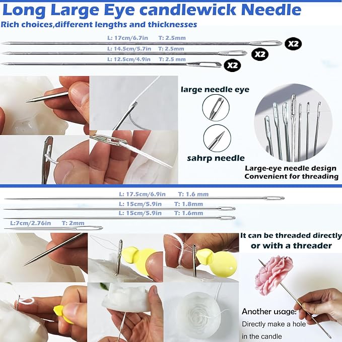 39PCS Professional Candle Making Kit with Soy Candle Wicks,Extra Long Big Hole Wicking Needle Hand Twist Drill Bits with Storage Bag,Mold Punch Set with Hook Eye for Inserting Candle&Mold Wicks