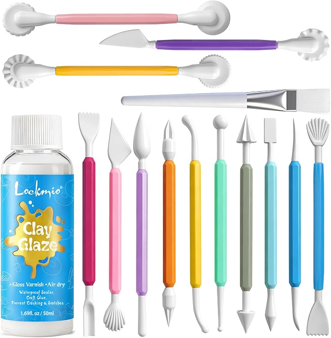 16PCS Double Head Sculpting Tools Set, Clay Tools Kit with 1.7 FL OZ Air Dry Clay Glaze for DIY Pottery, Molding Polymer Clay – Safe & Ergonomic Grip for Craft Lovers & Beginners