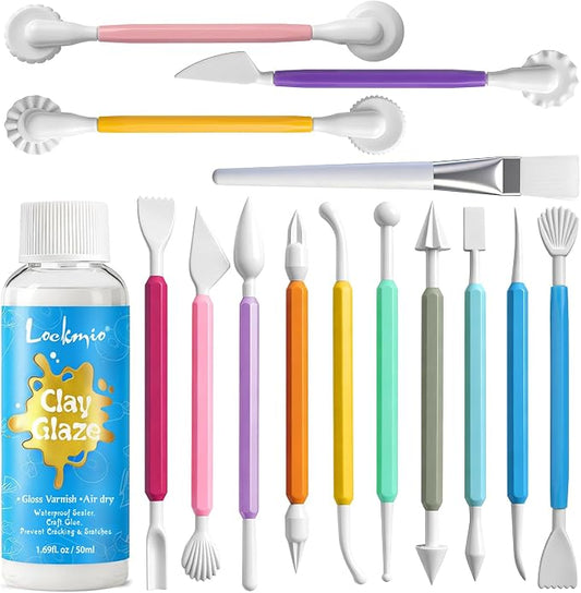 16PCS Double Head Sculpting Tools Set, Clay Tools Kit with 1.7 FL OZ Air Dry Clay Glaze for DIY Pottery, Molding Polymer Clay – Safe & Ergonomic Grip for Craft Lovers & Beginners