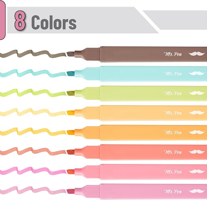 Mr. Pen- Aesthetic Highlighters No Bleed, 8 Pack, Assorted Colors | Chisel Tip, Cute Highlighters Assorted Colors for Journaling, Highlighting, Underlining, Fast Dry, Back to School Supplies