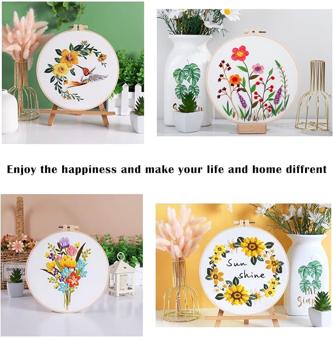 Vigdit 4 Pack Embroidery Kit for Beginners, Needlepoint Cross Stitch Kit for Adult Beginner, Easy DIY Hand Embroidery Starter Kit with Stamped Floral Pattern Embroidery Hoop Tools and Instruction