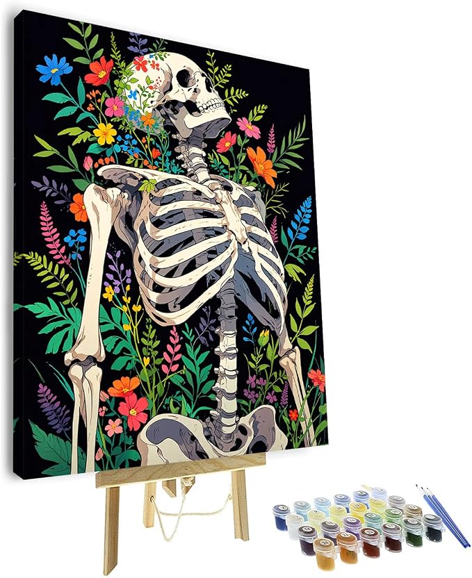 TUMOVO Paint by Numbers Kit for Adults, Adult Paint by Number - Skeleton Surrounded by Vibrant Flowers and Lush Foliage, Unique Gothic Memento Mori Art, Painting by Numbers, 16x20 Inch(Framed)