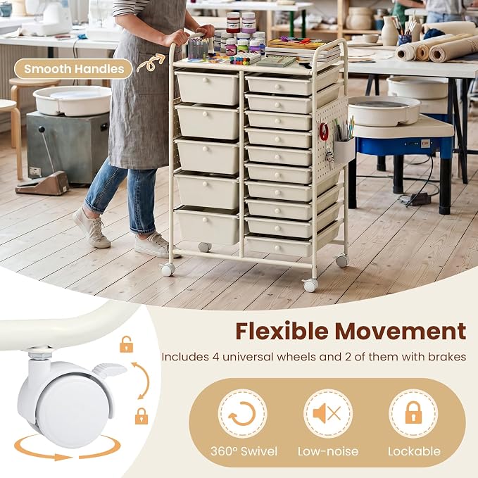 Giantex 15 Drawer Storage Cart, Rolling Craft Cart with Metal Tabletop & Pegboard, Mobile Utility Organizer Trolley with Locking Wheels, Home Office, Classroom, Teacher Supplies, Ivory