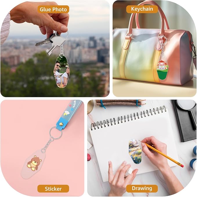 Acrylic Blanks Key Tags Kit,Including 20pcs Motel Hotel Shape Retro Acrylic Board 20 Key Rings with Chains and 20 Open Jump Rings Clear Ornament Blanks with Hole for Vinyl Keychain Making DIY Crafts