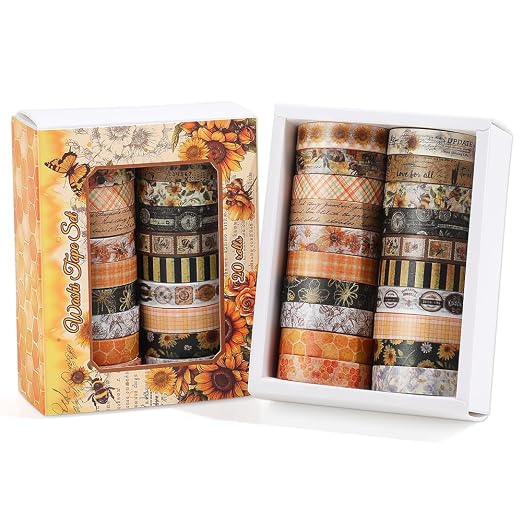 icceemee 20 Rolls Sunflower Theme Washi Tape Set with Different Colorful Patterns, Writable Decorative Tapes for Scrapbooking, Junk Journal Supplies, Bullet Journaling, 0.39'' x 79'' per Roll