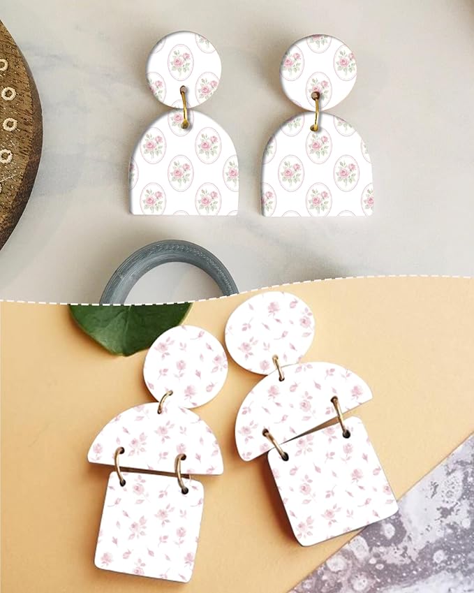 Puocaon Flower Clay Transfer Paper - Pink Rose Transfer Sheets for Polymer Clay Earrings Jewlery Floral Design
