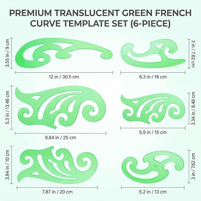 TecUnite 6 Pcs French Curve Ruler Set, Clear Green Plastic Curve Templates for Drawing, Drafting, Sewing Pattern Making, Fashion Design and Art Craft Projects