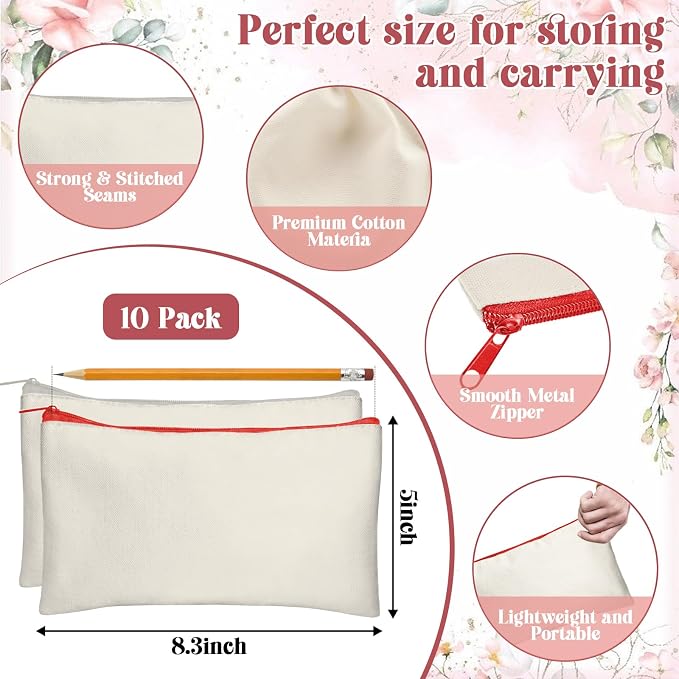 Legigo Blank Canvas Bags Zipper Pouch Makeup Bags Pencil Pouch Bulk | Multi-Purpose, Sturdy Canvas Pouch with Zipper, Cosmetic Travel Toiletry Bag for DIY Crafts, Gifts & Storage, 8.3 x 5 Inch