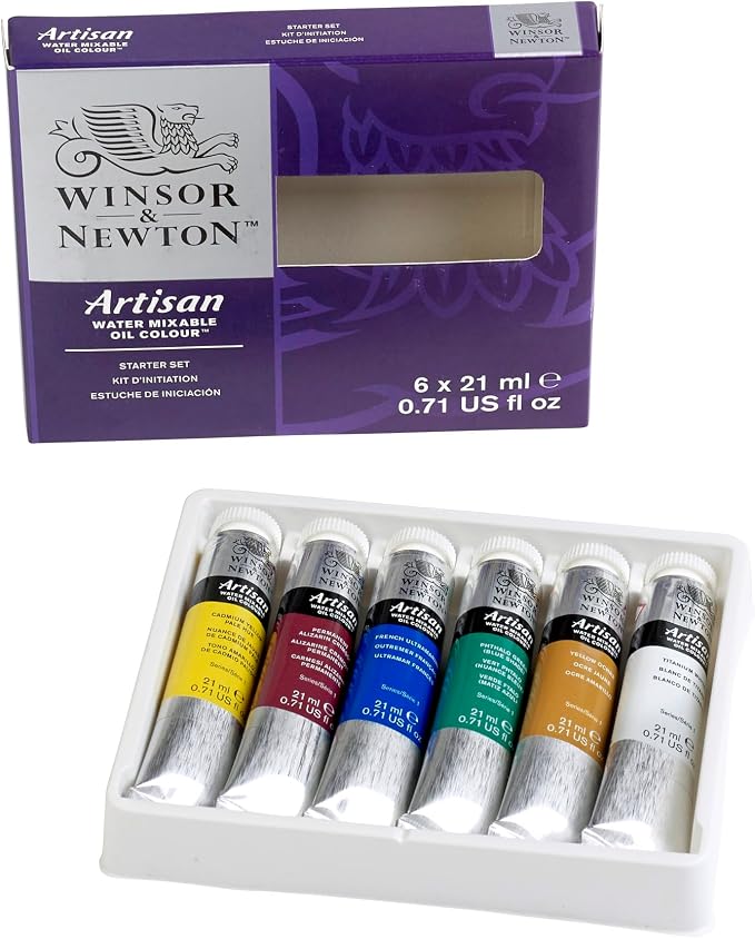 Winsor & Newton Artisan Water Mixable Oil Paint, Starter Set, 6 x 21ml | Clean with water; no solvents needed. Color depth, lightfastness, opacity/transparency are the same as traditional oils.