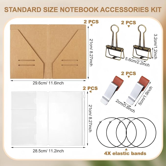 Mooliwe 2 Pack Travelers Journal Notebook Accessories Kit, A5 Size | Kraft File Folder, Zipper Case, Pen Holder, Binder Clip and Elastic Bands, Refillable Insert Organizer for Travel Journals