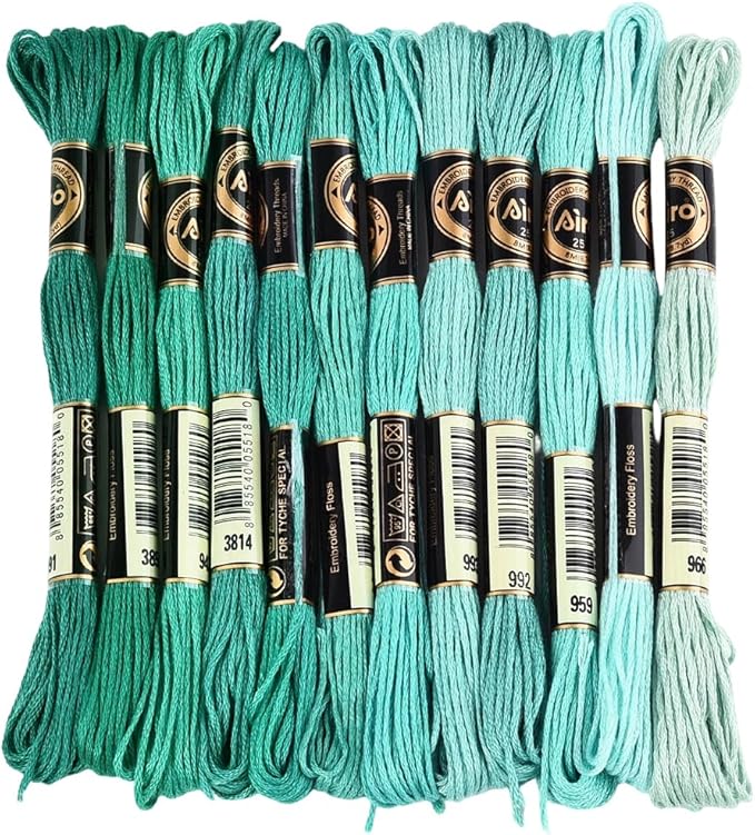 12 Skeins 6 Strands Green Cross Stitch Thread Variegated Gradient Embroidery Floss Polyester Friendship Bracelet String Yarn Threads Bulk for Hand Sewing Bracelets Needlecraft DIY Stitching