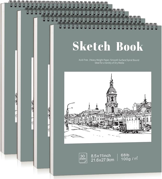 4 Pack Sketch Books 8.5 × 11 in, Top Spiral, 100gsm, Light Cyan | Acid-Free Paper, 30 Sheets Each, Hardcover with Rigid Back, Lay-Flat Top Spiral, for Sketching & Dry Media