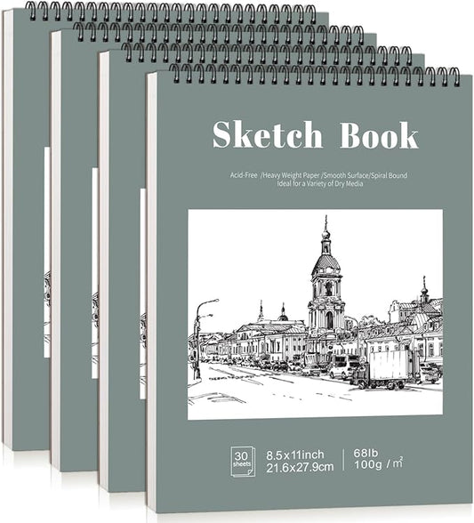 4 Pack Sketch Books 8.5 × 11 in, Top Spiral, 100gsm, Light Cyan | Acid-Free Paper, 30 Sheets Each, Hardcover with Rigid Back, Lay-Flat Top Spiral, for Sketching & Dry Media