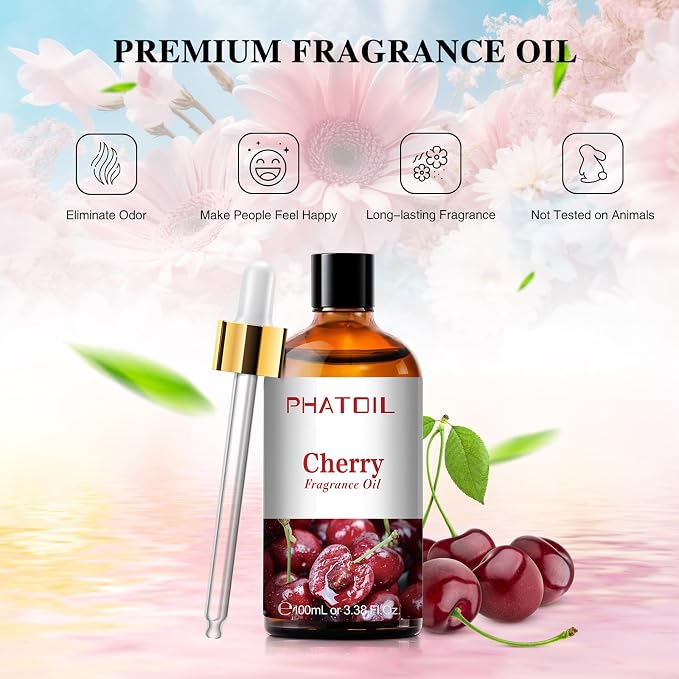 PHATOIL Cherry Fragrance Oil for Diffuser Aromatherapy 3.38FL.OZ | Long Lasting Scented Oils For Humidifier, Air Freshener, DIY Soap Candle, Scent Project Making, Aroma Oil for Home Freshening