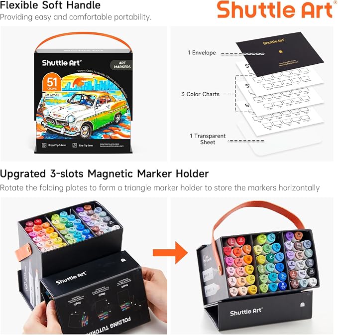 Shuttle Art 51 Colors Alcohol Markers, 50 Colors Dual Tip Art Marker Set Plus 1 Colorless Blender with Marker Case Perfect for Illustration Students Adult Coloring Sketching
